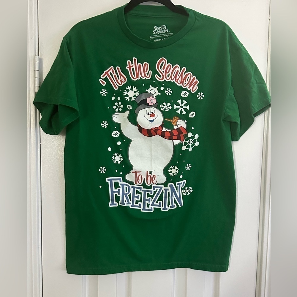 Frosty The Snowman Green Short Sleeve Tee T-Shirt Holiday Christmas
